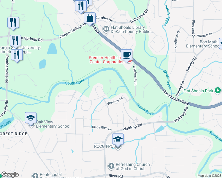 map of restaurants, bars, coffee shops, grocery stores, and more near 3354 Waldrop Trail in Decatur