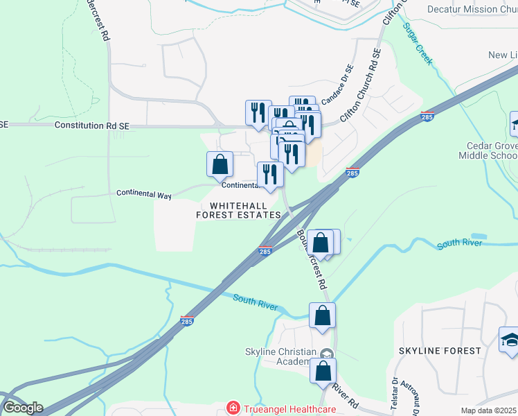 map of restaurants, bars, coffee shops, grocery stores, and more near 1739 Whitehall Forest Court Southeast in Atlanta