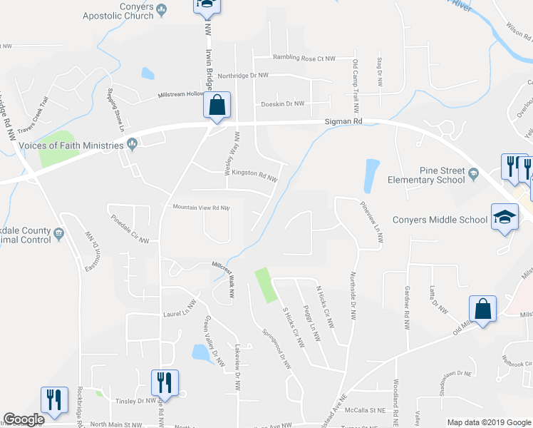 map of restaurants, bars, coffee shops, grocery stores, and more near 1526 Tanglewood Way Northwest in Conyers