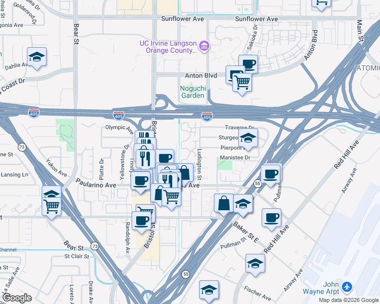 map of restaurants, bars, coffee shops, grocery stores, and more near 603 Brookview Way in Costa Mesa