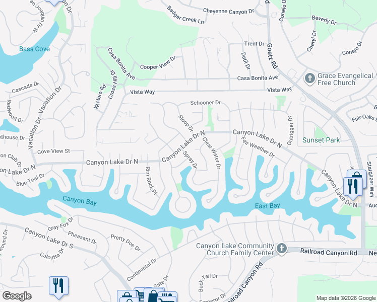 map of restaurants, bars, coffee shops, grocery stores, and more near 30030 Spray Drive in Canyon Lake