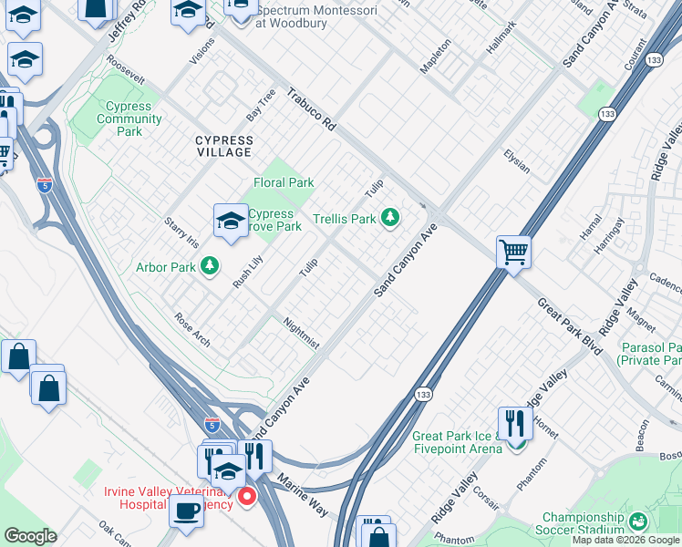map of restaurants, bars, coffee shops, grocery stores, and more near 125 Waterleaf in Irvine