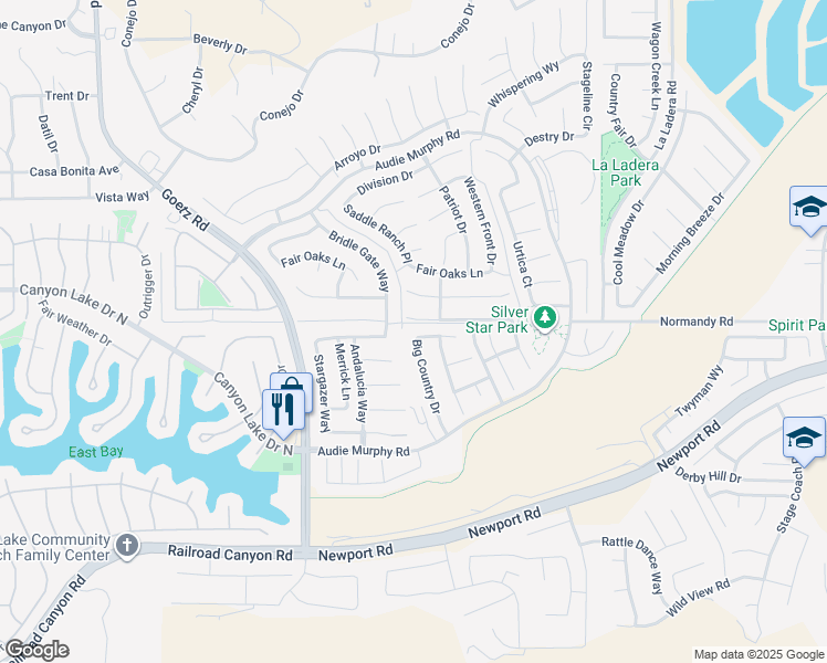 map of restaurants, bars, coffee shops, grocery stores, and more near 24552 Big Country Drive in Menifee