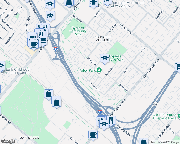 map of restaurants, bars, coffee shops, grocery stores, and more near 126 Painted Trellis in Irvine