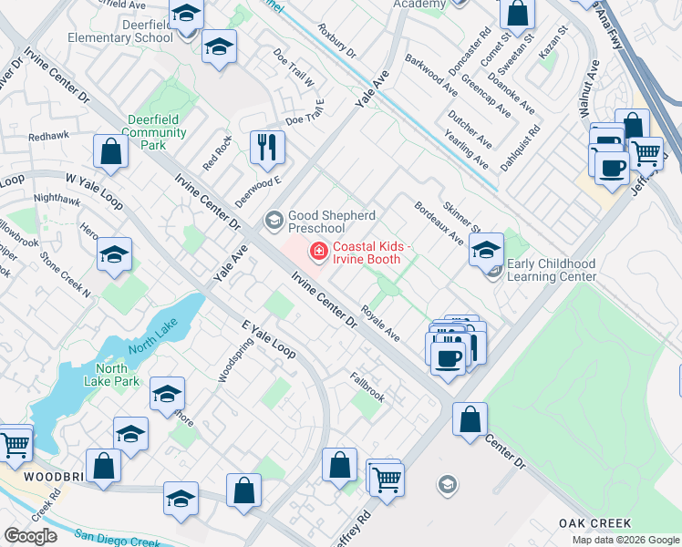 map of restaurants, bars, coffee shops, grocery stores, and more near 5052 Royale Avenue in Irvine