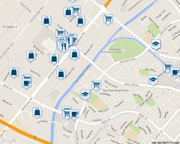 map of restaurants, bars, coffee shops, grocery stores, and more near 92 Alicante Aisle in Irvine
