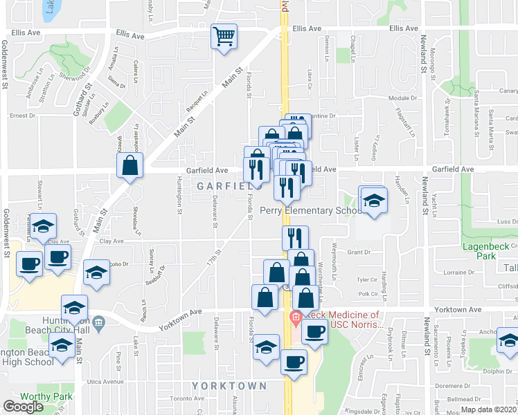 map of restaurants, bars, coffee shops, grocery stores, and more near 19181 Coenson Circle in Huntington Beach