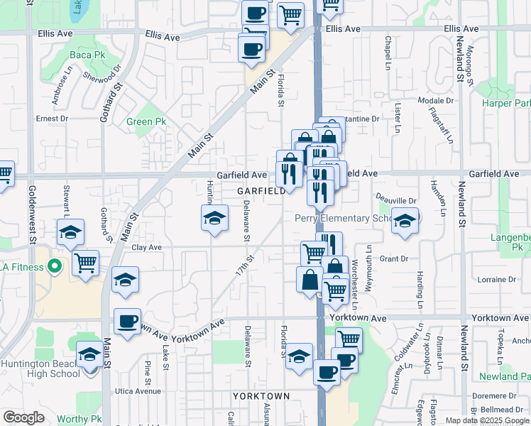 map of restaurants, bars, coffee shops, grocery stores, and more near 19182 17th Street in Huntington Beach