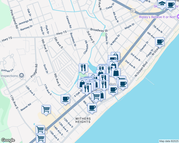 map of restaurants, bars, coffee shops, grocery stores, and more near 604 5th Avenue South in Myrtle Beach