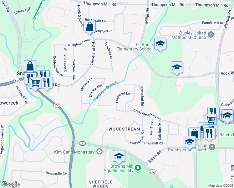 map of restaurants, bars, coffee shops, grocery stores, and more near 3368 Eastmont Lane in Stonecrest