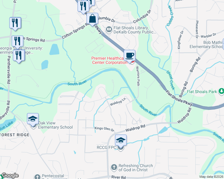 map of restaurants, bars, coffee shops, grocery stores, and more near 3355 Waldrop Trail in Decatur