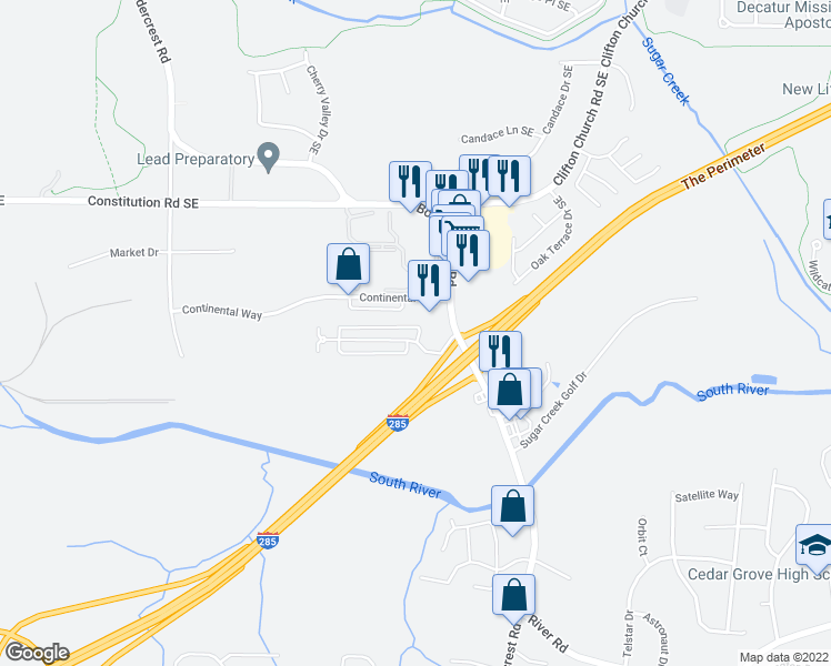 map of restaurants, bars, coffee shops, grocery stores, and more near 1993 Whitehall Forest Court Southeast in Atlanta