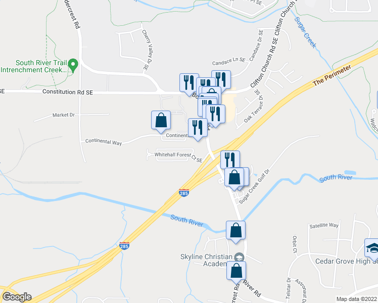 map of restaurants, bars, coffee shops, grocery stores, and more near 1739 Whitehall Forest Court Southeast in Atlanta