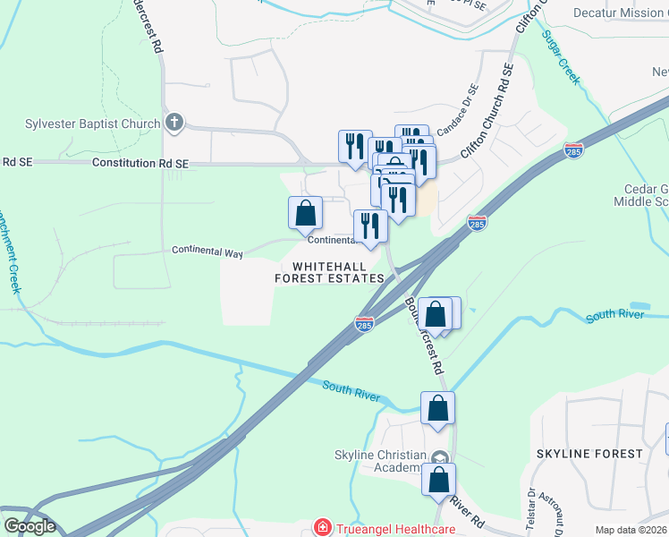 map of restaurants, bars, coffee shops, grocery stores, and more near 1959 Whitehall Forest Court Southeast in Atlanta