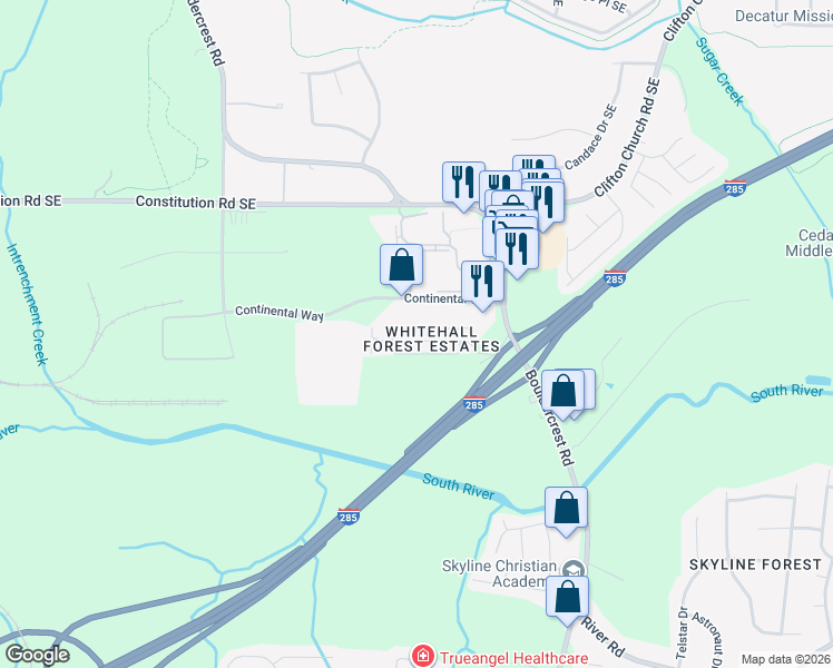 map of restaurants, bars, coffee shops, grocery stores, and more near 1777 Whitehall Forest Court Southeast in Atlanta