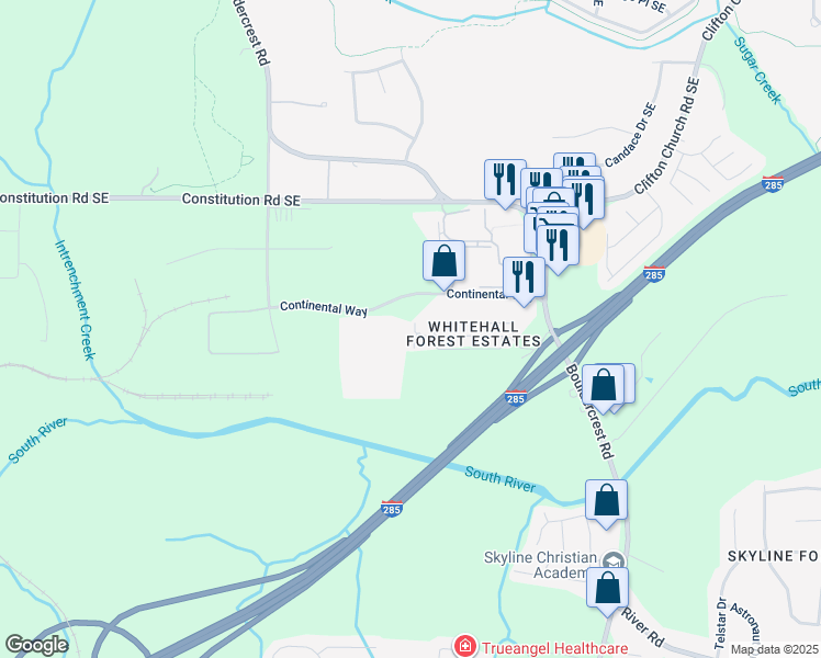 map of restaurants, bars, coffee shops, grocery stores, and more near 1853 Whitehall Forest Court Southeast in Atlanta