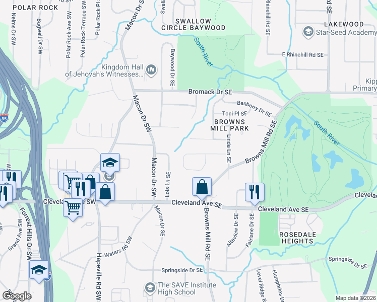 map of restaurants, bars, coffee shops, grocery stores, and more near 271 Tonawanda Drive Southeast in Atlanta