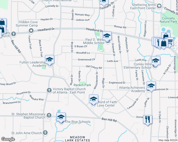 map of restaurants, bars, coffee shops, grocery stores, and more near 2619 Harmony Way in East Point