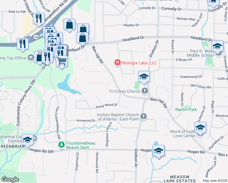 map of restaurants, bars, coffee shops, grocery stores, and more near 2784 Ben Hill Road in East Point