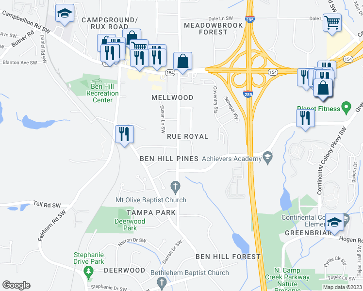 map of restaurants, bars, coffee shops, grocery stores, and more near 2608 Barge Road Southwest in Atlanta