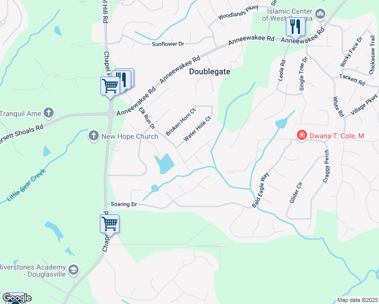 map of restaurants, bars, coffee shops, grocery stores, and more near 4072 Staghorn Court in Douglasville