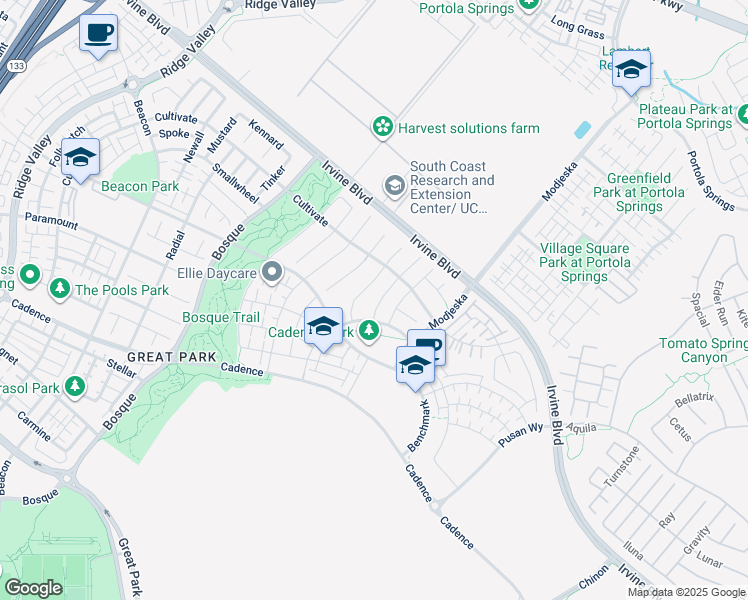 map of restaurants, bars, coffee shops, grocery stores, and more near 125 Measure in Irvine