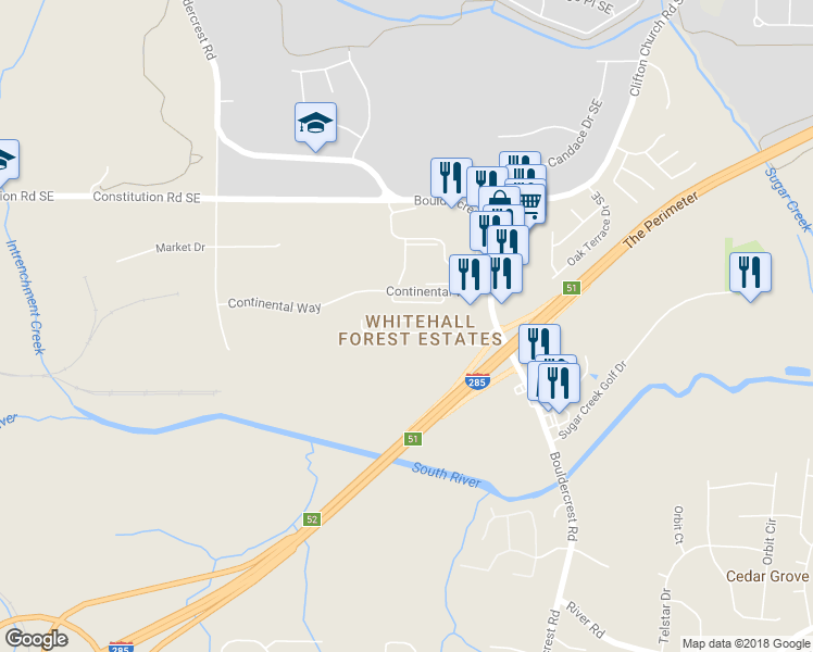 map of restaurants, bars, coffee shops, grocery stores, and more near 1935 Whitehall Forest Court Southeast in Atlanta