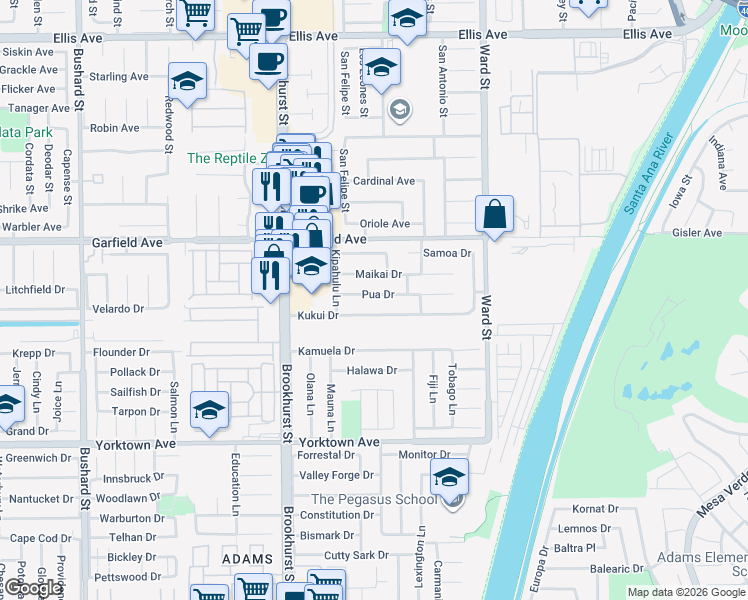 map of restaurants, bars, coffee shops, grocery stores, and more near 10212 Pua Drive in Huntington Beach