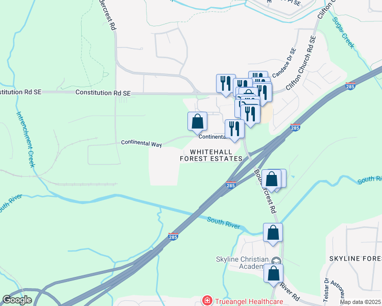 map of restaurants, bars, coffee shops, grocery stores, and more near 1823 Whitehall Forest Court Southeast in Atlanta