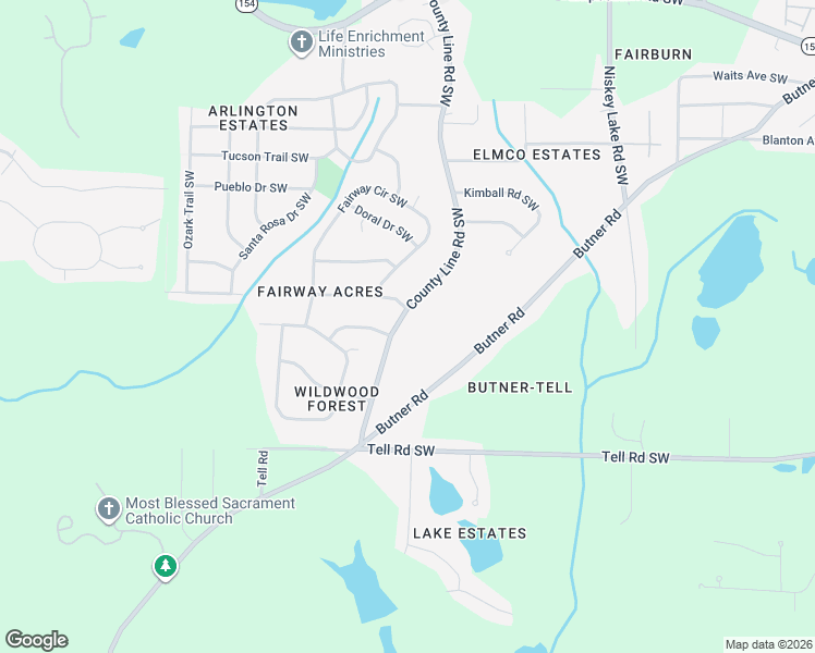 map of restaurants, bars, coffee shops, grocery stores, and more near 2586 County Line Road Southwest in Atlanta