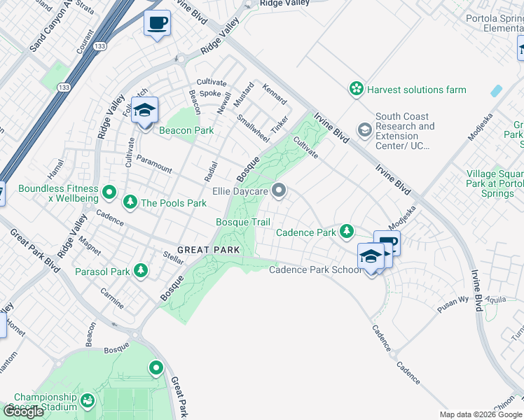 map of restaurants, bars, coffee shops, grocery stores, and more near 110 Spiral in Irvine