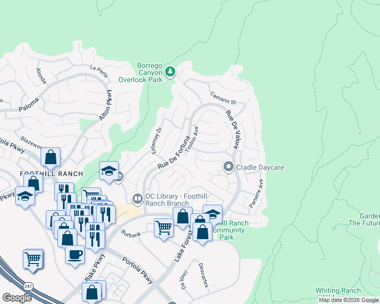 map of restaurants, bars, coffee shops, grocery stores, and more near 64 Toulon Avenue in Lake Forest