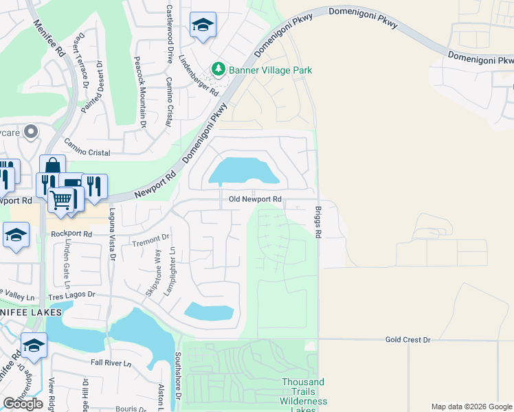 map of restaurants, bars, coffee shops, grocery stores, and more near 30115 Adrift Lane in Menifee