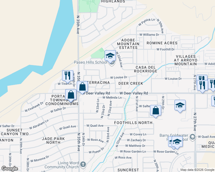 map of restaurants, bars, coffee shops, grocery stores, and more near 3347 West Via Del Sol Drive in Phoenix
