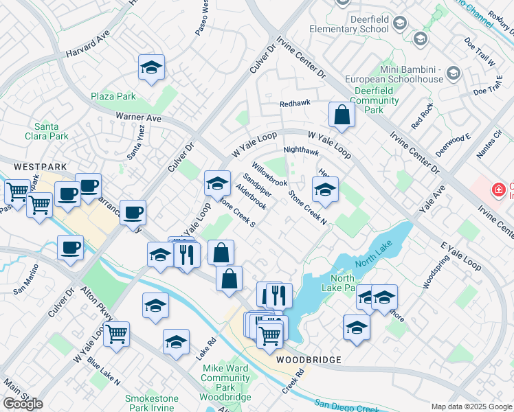 map of restaurants, bars, coffee shops, grocery stores, and more near 26 Alderbrook in Irvine