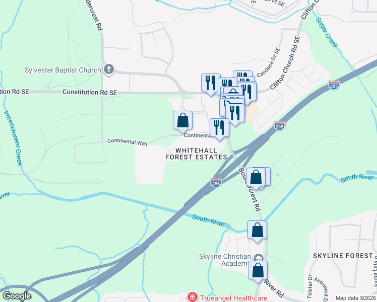 map of restaurants, bars, coffee shops, grocery stores, and more near 1931 Whitehall Forest Court Southeast in Atlanta