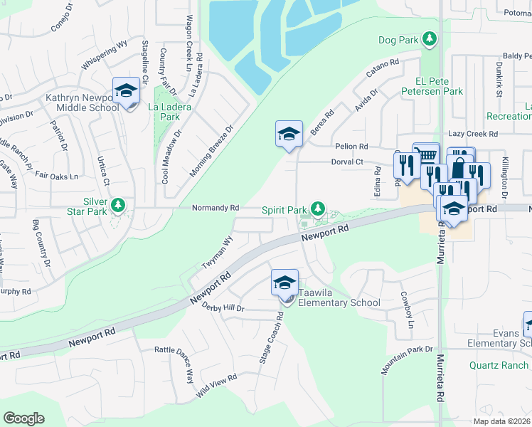 map of restaurants, bars, coffee shops, grocery stores, and more near 25419 Hitch Rail Lane in Menifee
