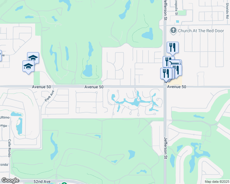 map of restaurants, bars, coffee shops, grocery stores, and more near 50055 Vía Puente in La Quinta