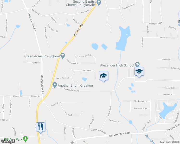 map of restaurants, bars, coffee shops, grocery stores, and more near 6751 Oakland Drive in Douglasville