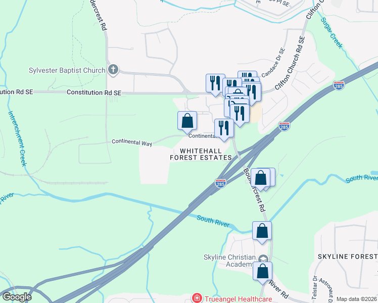 map of restaurants, bars, coffee shops, grocery stores, and more near 1823 Whitehall Forest Court Southeast in Atlanta