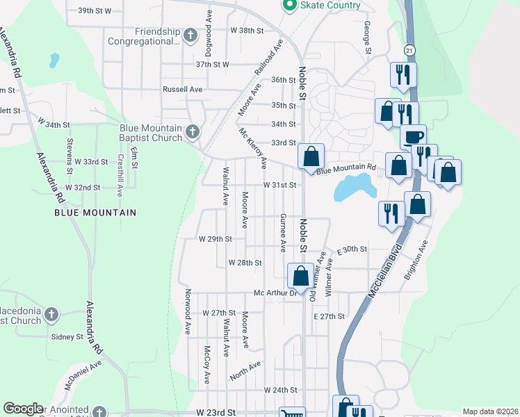 map of restaurants, bars, coffee shops, grocery stores, and more near 2929 Moore Avenue in Anniston