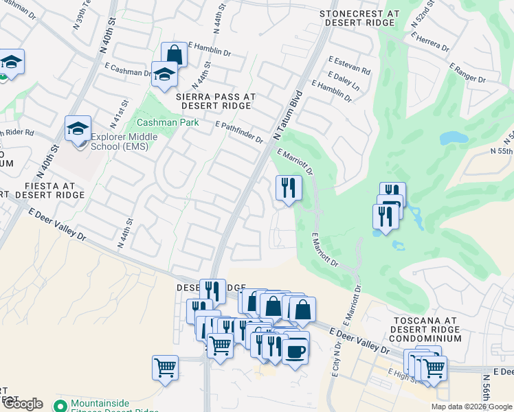 map of restaurants, bars, coffee shops, grocery stores, and more near 4730 East Sands Drive in Phoenix