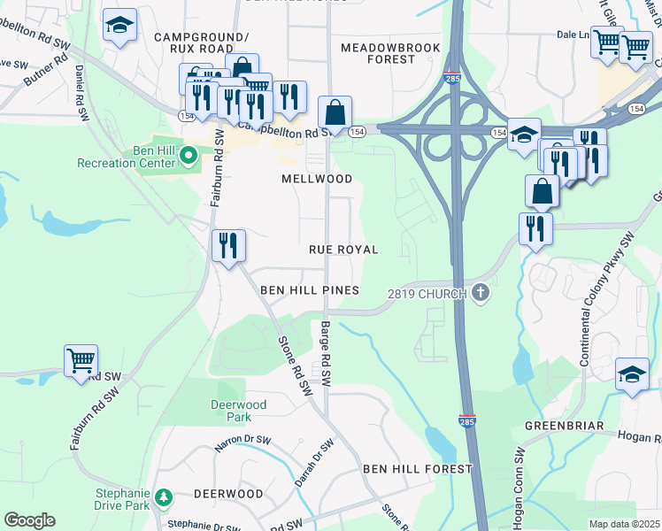 map of restaurants, bars, coffee shops, grocery stores, and more near 2608 Barge Road Southwest in Atlanta