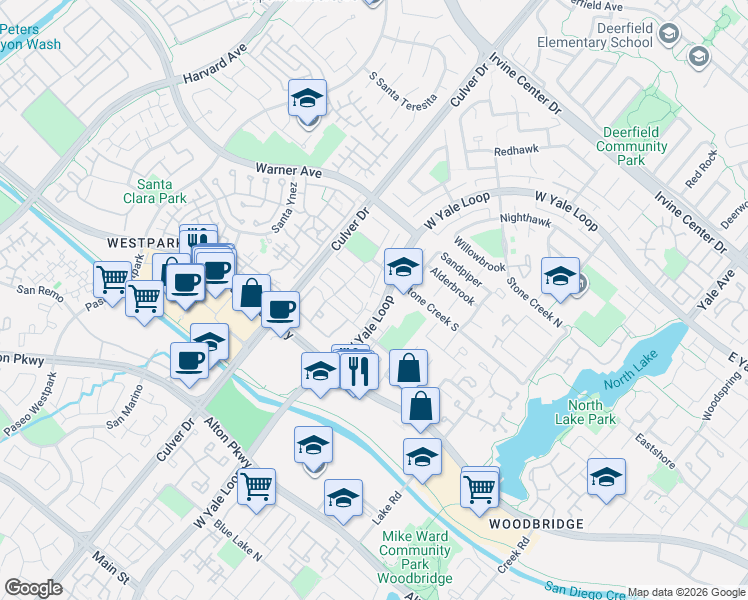 map of restaurants, bars, coffee shops, grocery stores, and more near 24 Woodpine Drive in Irvine