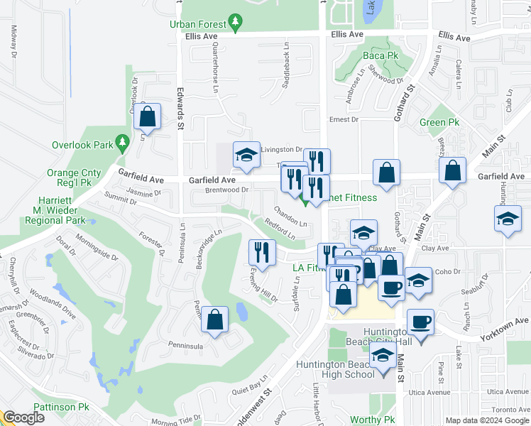 map of restaurants, bars, coffee shops, grocery stores, and more near 19114 Redford Lane in Huntington Beach