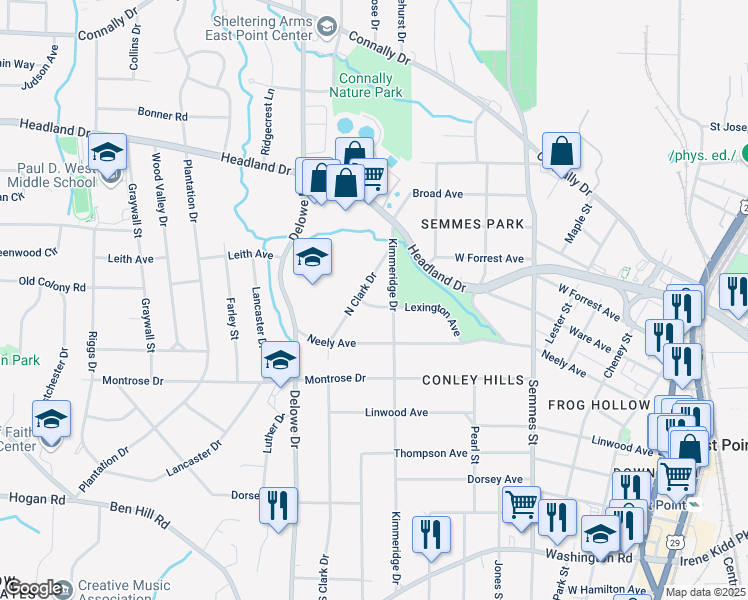 map of restaurants, bars, coffee shops, grocery stores, and more near 2011 Lexington Avenue in East Point