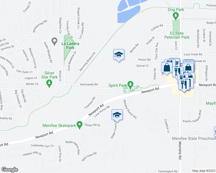 map of restaurants, bars, coffee shops, grocery stores, and more near 25370 Rocking Horse Court in Menifee