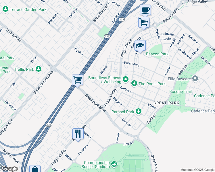 map of restaurants, bars, coffee shops, grocery stores, and more near 126 Cadence in Irvine