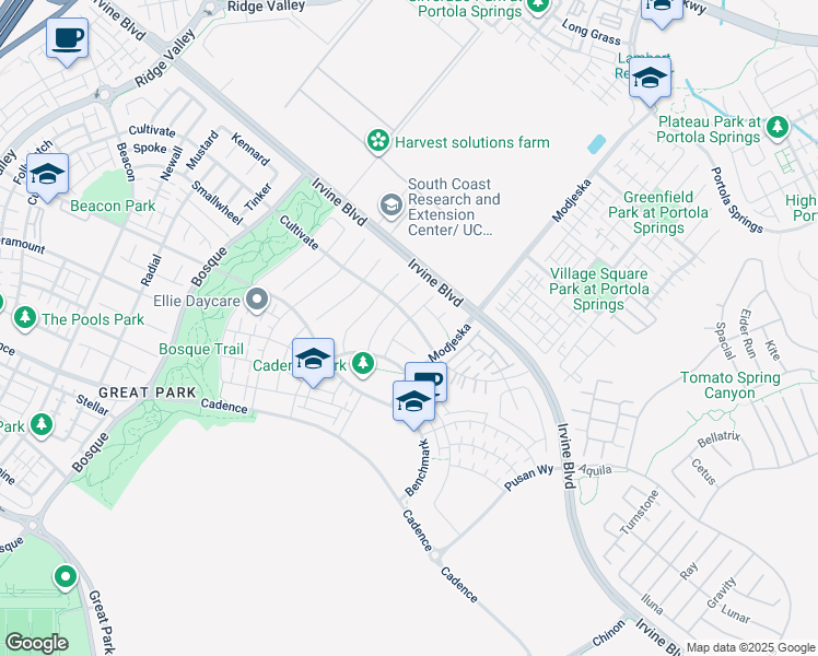 map of restaurants, bars, coffee shops, grocery stores, and more near 112 Blue Note in Irvine