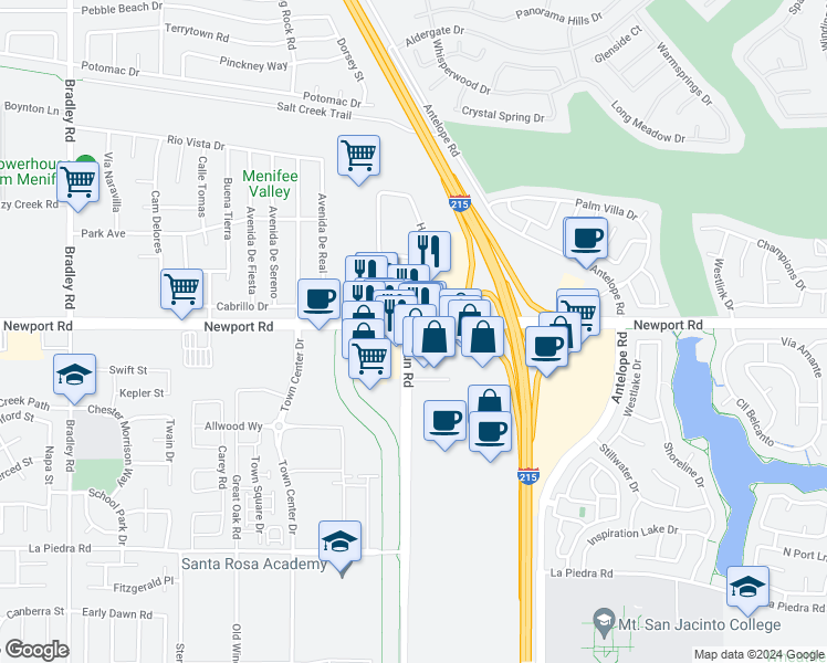 map of restaurants, bars, coffee shops, grocery stores, and more near Haun Road in Menifee